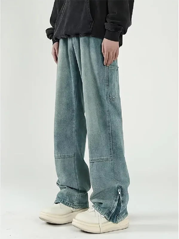 Men's Jeans with a Zip - Off Lower Leg for Convertible StyleRetro Zipper Carpenter Loose Straight Fit Denim Men's Jeans with a Zip - Off Lower Leg for Convertible StyleRetro Zipper Carpenter Loose Straight Fit Denim