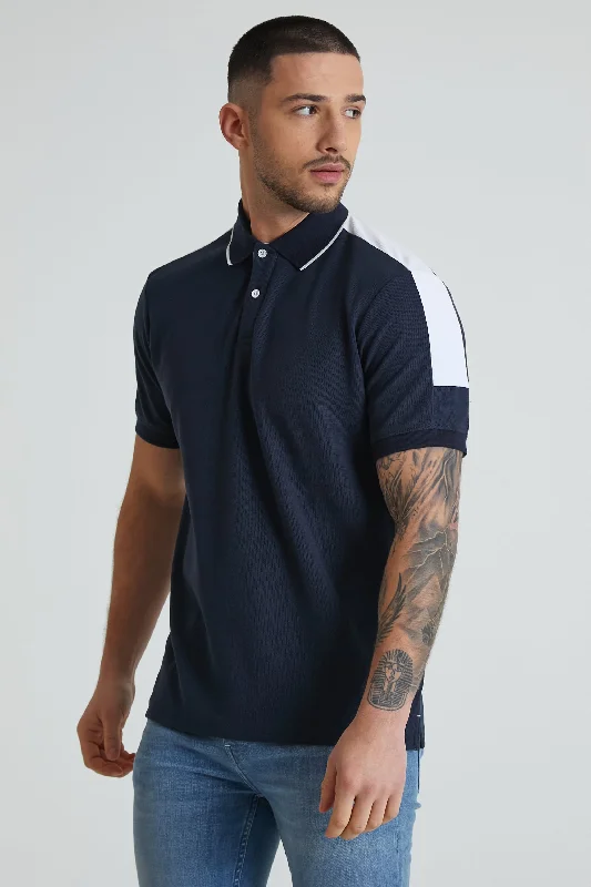 Men's Jeans with an Elastic Waistband for Ultimate ComfortRobbie honeycomb pique polo in Navy with White contrast