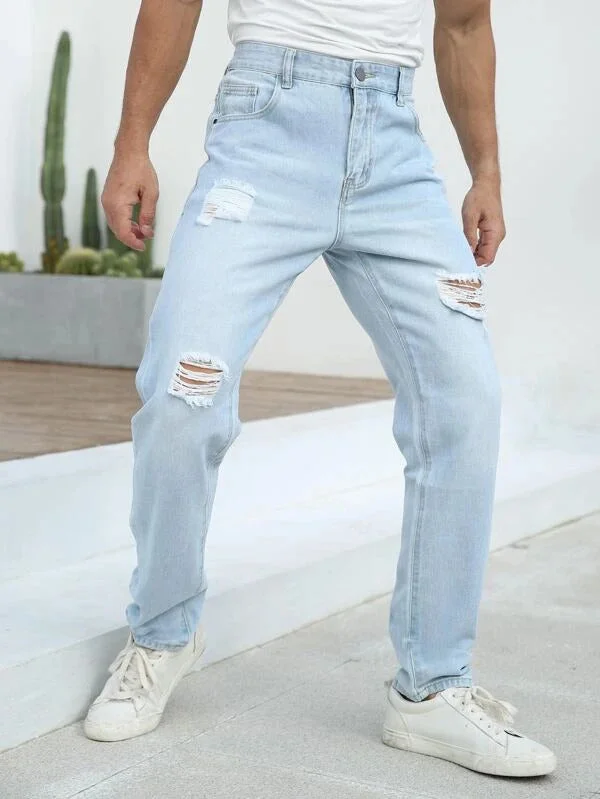 Plus Size Men's Relaxed Fit Jeans with a Faded Wash for a Vintage - Inspired LookSky Blue Torn Straight Leg Baggy Men Jeans Plus Size Men's Relaxed Fit Jeans with a Faded Wash for a Vintage - Inspired LookSky Blue Torn Straight Leg Baggy Men Jeans
