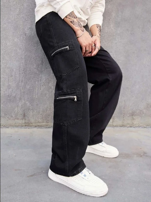 Men's Jeans with a Cargo - Inspired Knee Pocket for Extra StorageSo Gangsta Zipper Pocket Black Men Cargo Men's Jeans with a Cargo - Inspired Knee Pocket for Extra StorageSo Gangsta Zipper Pocket Black Men Cargo
