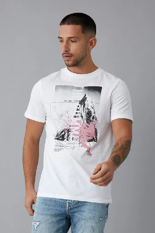 Men's Slim Fit Stretch Jeans in Dark Wash for a Modern and Comfortable LookSummit Printed crew neck t-shirt in optic White Men's Slim Fit Stretch Jeans in Dark Wash for a Modern and Comfortable LookSummit Printed crew neck t-shirt in optic White