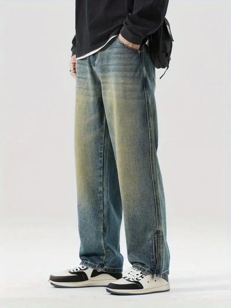 Plus Size Men's Straight Leg Jeans with Reinforced Knees for DurabilityVintage Yellowish Blue Loose Straight Fit Denim Plus Size Men's Straight Leg Jeans with Reinforced Knees for DurabilityVintage Yellowish Blue Loose Straight Fit Denim