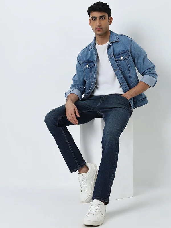 Men's Jeans with a Cargo - Inspired Knee Pocket for Extra StorageWES Casuals Dark Blue Washed Mid - Rise Slim - Fit Jeans Men's Jeans with a Cargo - Inspired Knee Pocket for Extra StorageWES Casuals Dark Blue Washed Mid - Rise Slim - Fit Jeans