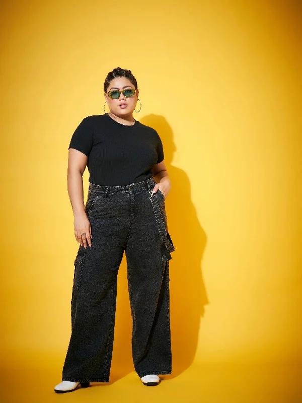 Men's Jeans with a Frayed Hem for a Casual and Effortless StyleWomen Black Wash Side Patch Pocket Jeans