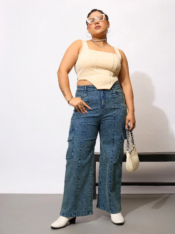 Men's Low - Rise Jeans in a Light Wash for a Casual and Youthful LookWomen Blue Denim Acid Wash Flap Pocket Cargo Jeans Men's Low - Rise Jeans in a Light Wash for a Casual and Youthful LookWomen Blue Denim Acid Wash Flap Pocket Cargo Jeans