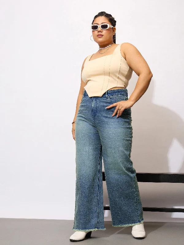 Men's Jeans with an Elastic Waistband for Ultimate ComfortWomen Blue Denim Acid Wash Raw Hem Straight Jeans