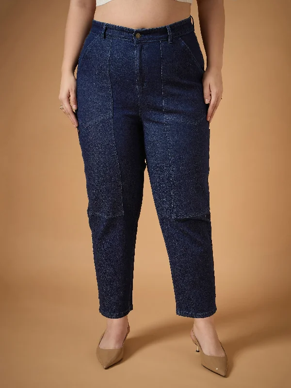 Men's Distressed Jeans with Patches for a Retro and DIY - Inspired AppearanceWomen Navy Denim Balloon Fit Jeans Men's Distressed Jeans with Patches for a Retro and DIY - Inspired AppearanceWomen Navy Denim Balloon Fit Jeans