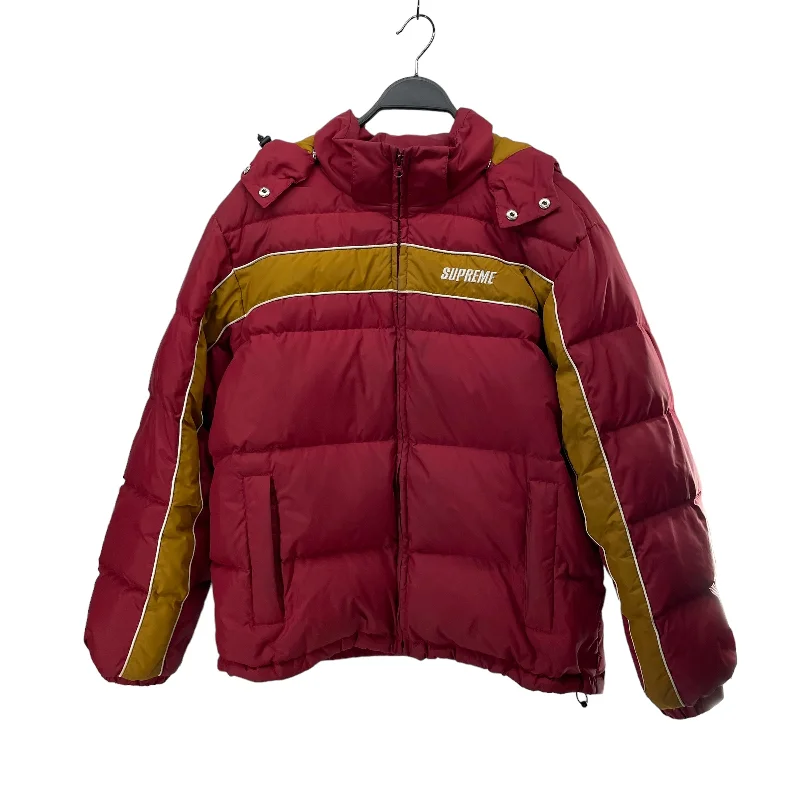 Men jackets with a built - in hood that can be stowed away when not in useSupreme/Puffer Jkt/M/Nylon/RED/GOLD STRIPE / SNAP HOOD Men jackets with a built - in hood that can be stowed away when not in useSupreme/Puffer Jkt/M/Nylon/RED/GOLD STRIPE / SNAP HOOD