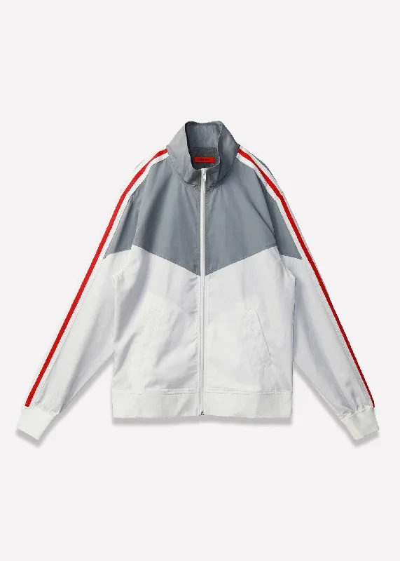 Denim men jackets with embroidered patches for a personalized touchBlank State Men's Retro Swishy Track Jacket in White/Grey Denim men jackets with embroidered patches for a personalized touchBlank State Men's Retro Swishy Track Jacket in White/Grey