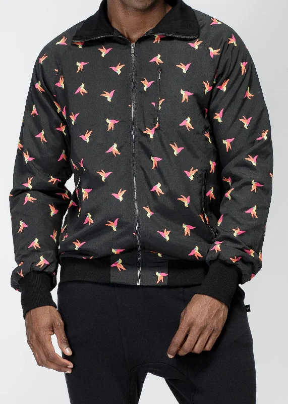 Men jackets with a built - in hood that can be stowed away when not in useKonus Men's Bird Print Jacket in Black Men jackets with a built - in hood that can be stowed away when not in useKonus Men's Bird Print Jacket in Black