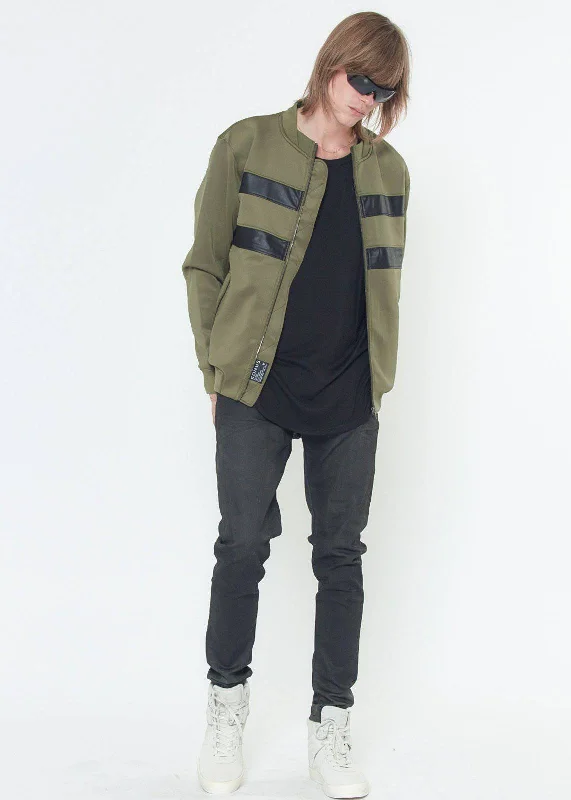 Lightweight men jackets made from recycled nylon for eco - friendly travelKonus Men's Bomber Jacket With Faux Leather Stripes in Olive Lightweight men jackets made from recycled nylon for eco - friendly travelKonus Men's Bomber Jacket With Faux Leather Stripes in Olive