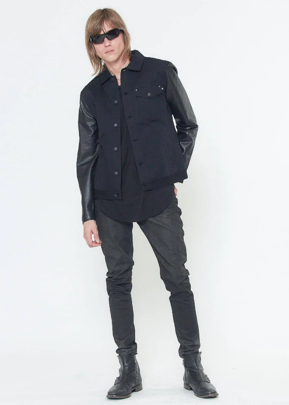 Down - filled men jackets in bright colors for winter fashionKonus Men's Faux Leather Trucker Jacket in Black Down - filled men jackets in bright colors for winter fashionKonus Men's Faux Leather Trucker Jacket in Black