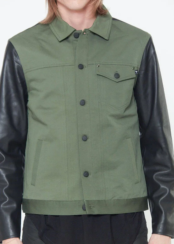 Performance - driven men jackets with breathable fabric for sportsKonus Men's Faux Leather Trucker Jacket in Olive Performance - driven men jackets with breathable fabric for sportsKonus Men's Faux Leather Trucker Jacket in Olive