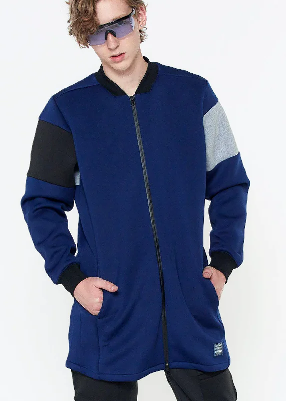 Denim men jackets with embroidered patches for a personalized touchKonus Men's Scuba Long Bomber Jacket in Blue