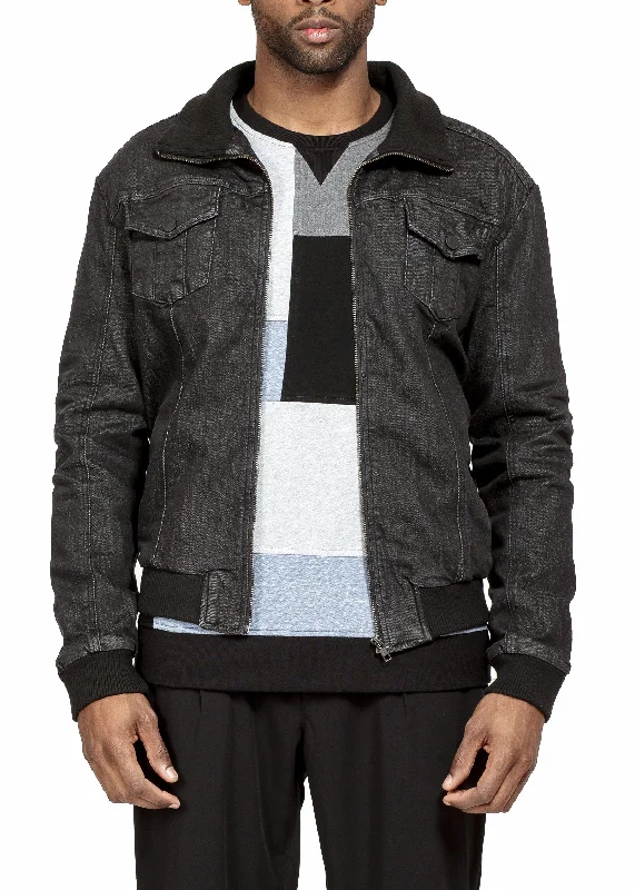 Tailored men jackets to pair with formal trousers for business meetingsKonus Men's Washed Denim Rib Collar Jacket in Black Tailored men jackets to pair with formal trousers for business meetingsKonus Men's Washed Denim Rib Collar Jacket in Black