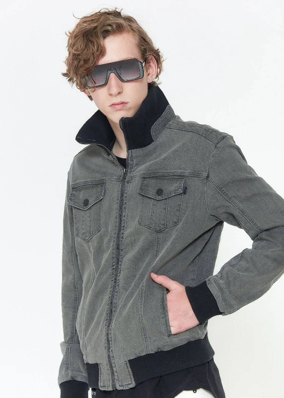 Fleece - lined men jackets for cold - weather commutingKonus Men's Washed Denim Rib Collar Jacket in Grey Fleece - lined men jackets for cold - weather commutingKonus Men's Washed Denim Rib Collar Jacket in Grey