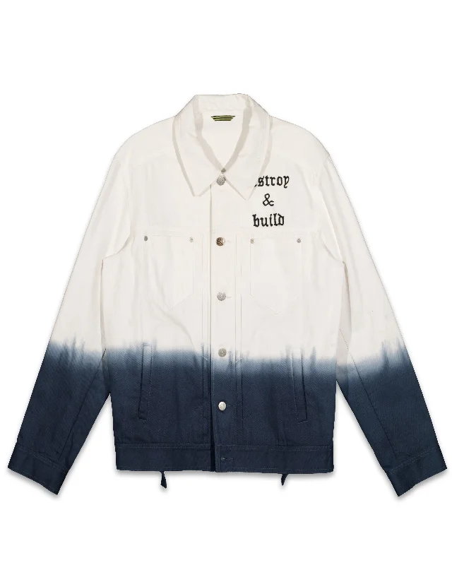 Denim men jackets with embroidered patches for a personalized touchKonus Men's White Twill Trucker Jacket With Dip Dye Ombre in White Denim men jackets with embroidered patches for a personalized touchKonus Men's White Twill Trucker Jacket With Dip Dye Ombre in White