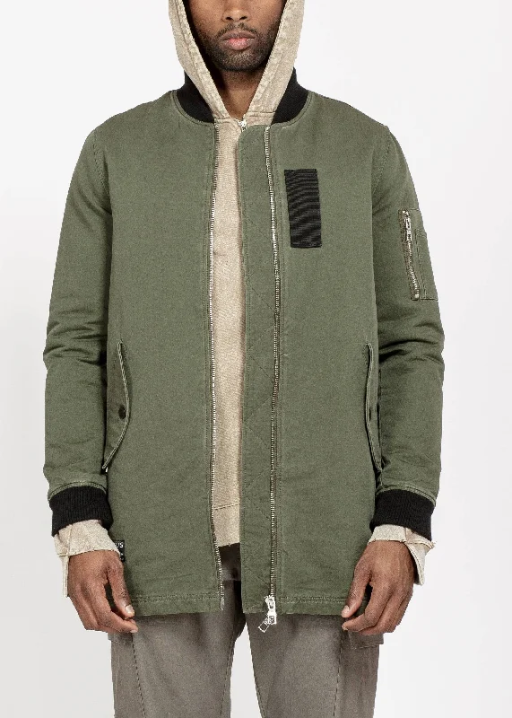 Slim - fit leather men jackets with a distressed finish for a rugged lookKonus Men's Zip Patch Long Bomber Jacket in Olive Slim - fit leather men jackets with a distressed finish for a rugged lookKonus Men's Zip Patch Long Bomber Jacket in Olive