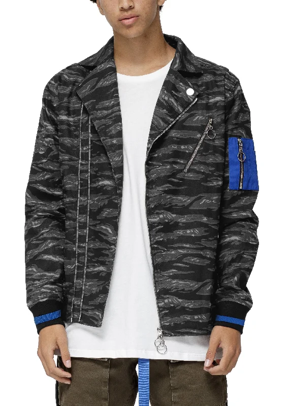 Hooded men jackets with a detachable faux - fur trim for added warmthMen's Lyle Camo Moto Jacket In Black Camo Hooded men jackets with a detachable faux - fur trim for added warmthMen's Lyle Camo Moto Jacket In Black Camo