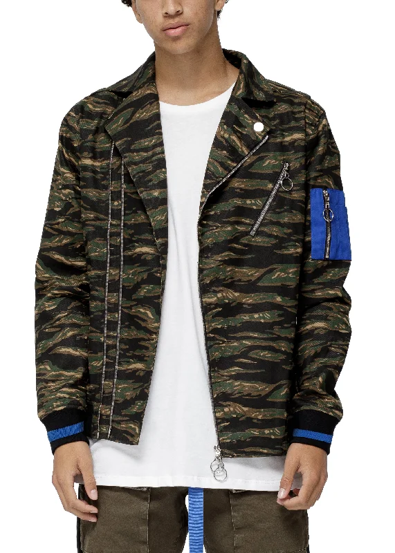 Hooded men jackets with a detachable faux - fur trim for added warmthMen's Lyle Camo Moto Jacket In Brown Camo Hooded men jackets with a detachable faux - fur trim for added warmthMen's Lyle Camo Moto Jacket In Brown Camo