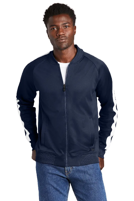 Men jackets with a media - friendly pocket for easy access to gadgetsNew Era Mens Full Zip Track Jacket - True Navy Blue/White Men jackets with a media - friendly pocket for easy access to gadgetsNew Era Mens Full Zip Track Jacket - True Navy Blue/White