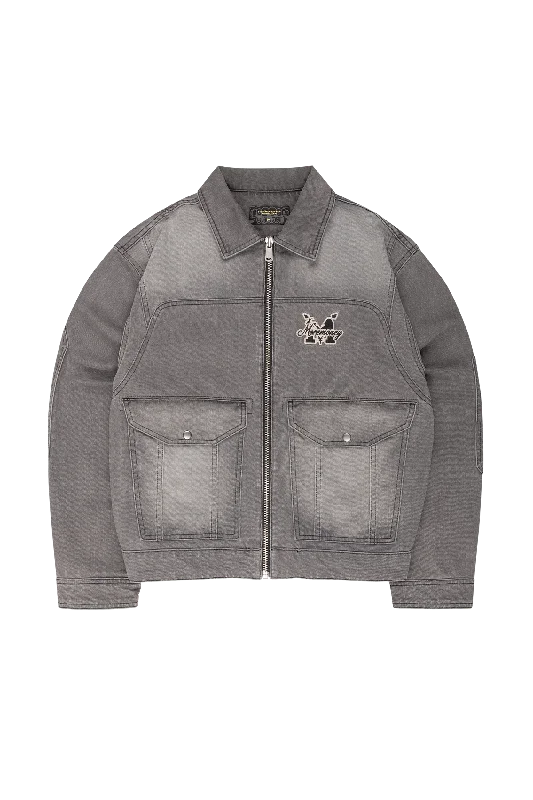 Checkered men jackets in a plaid pattern for a preppy appearancePATCHED UP TRUCKER DENIM JACKET GREY Checkered men jackets in a plaid pattern for a preppy appearancePATCHED UP TRUCKER DENIM JACKET GREY