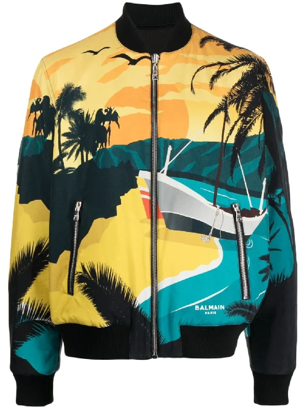 Slim - fit leather men jackets with a distressed finish for a rugged lookReversible Graphic-Print Bomber Jacket Slim - fit leather men jackets with a distressed finish for a rugged lookReversible Graphic-Print Bomber Jacket