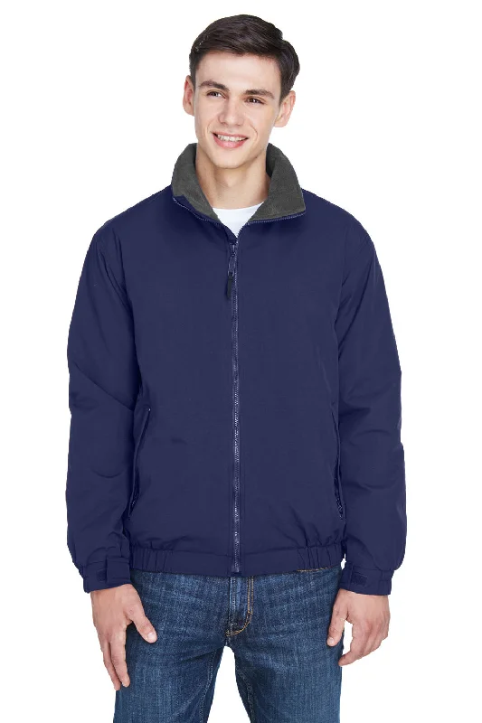 Hooded men jackets with a detachable faux - fur trim for added warmthUltraClub Mens Adventure Wind & Water Resistant Full Zip Jacket - Navy Blue/Charcoal Grey Hooded men jackets with a detachable faux - fur trim for added warmthUltraClub Mens Adventure Wind & Water Resistant Full Zip Jacket - Navy Blue/Charcoal Grey