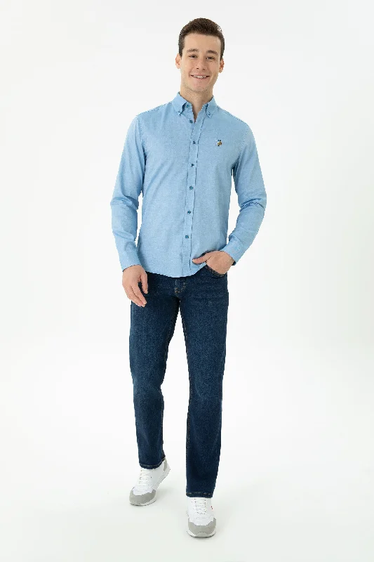 Men's breathable cotton blend polo shirts for summer outingsJEAN LUTHER-O-U BLEU MOYEN-1693077DN0022