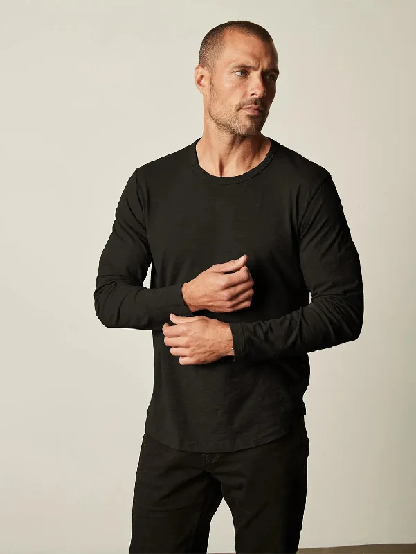 Men's slim - fit graphic t - shirts with vintage rock band printsKai Long Sleeve Slub Crew T-Shirt- Black Men's slim - fit graphic t - shirts with vintage rock band printsKai Long Sleeve Slub Crew T-Shirt- Black