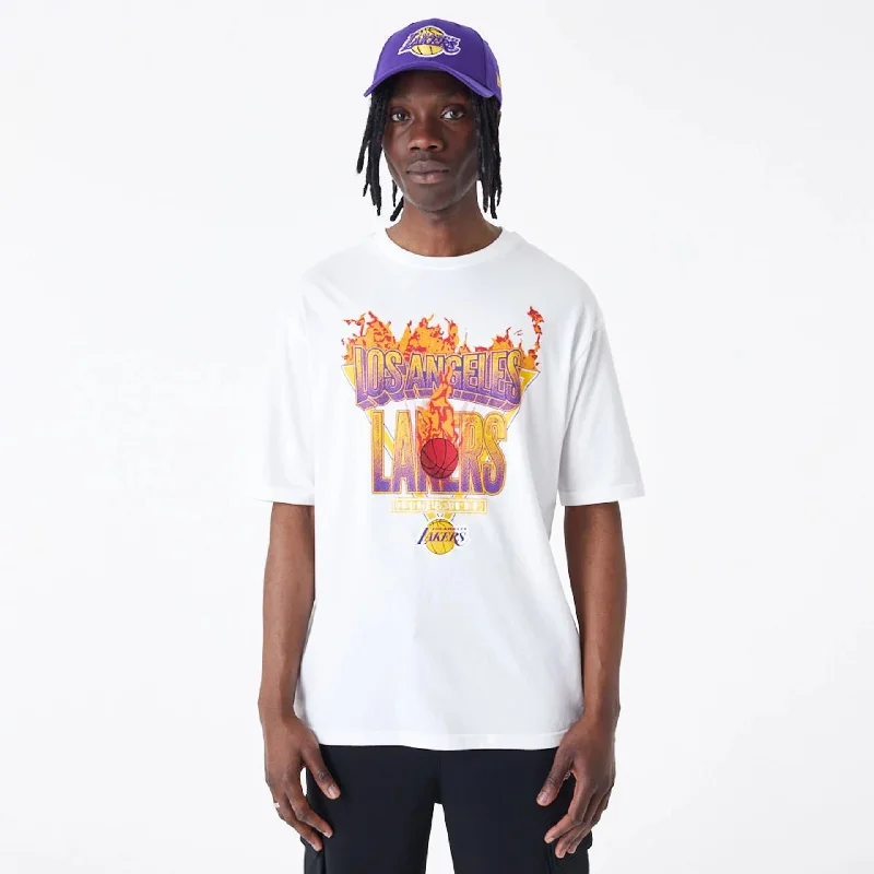 Men's mock - neck t - shirts with a modern and sleek styleLA Lakers NBA Flame Graphic White Oversized T-Shirt Men's mock - neck t - shirts with a modern and sleek styleLA Lakers NBA Flame Graphic White Oversized T-Shirt