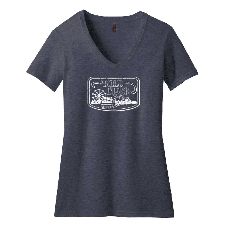 Men's printed Hawaiian t - shirts for tropical vacationsLadies Relaxed V-neck Detroit Boblo Island T-shirt - Heather Navy Men's printed Hawaiian t - shirts for tropical vacationsLadies Relaxed V-neck Detroit Boblo Island T-shirt - Heather Navy