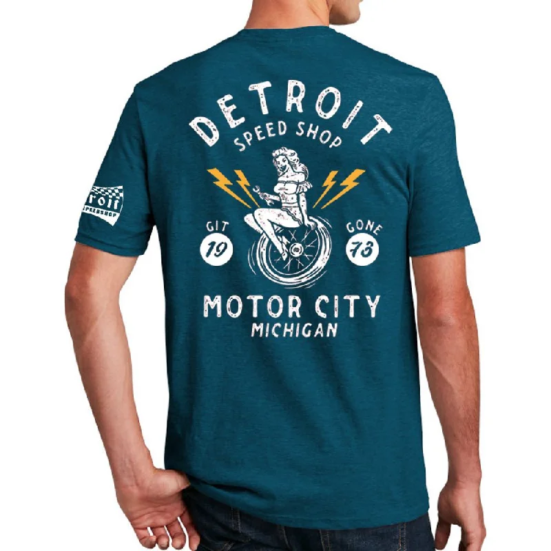 Men's button - front t - shirts with a unique artistic printMens Detroit Speed Shop Pin-up T-shirt - Heather Dark Ocean Blue Men's button - front t - shirts with a unique artistic printMens Detroit Speed Shop Pin-up T-shirt - Heather Dark Ocean Blue