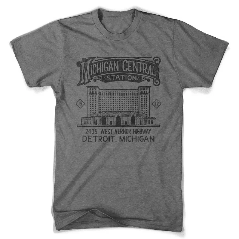 Men's button - front t - shirts with a unique artistic printMens Michigan Central Station 2 T-shirt (Grey Triblend) Men's button - front t - shirts with a unique artistic printMens Michigan Central Station 2 T-shirt (Grey Triblend)