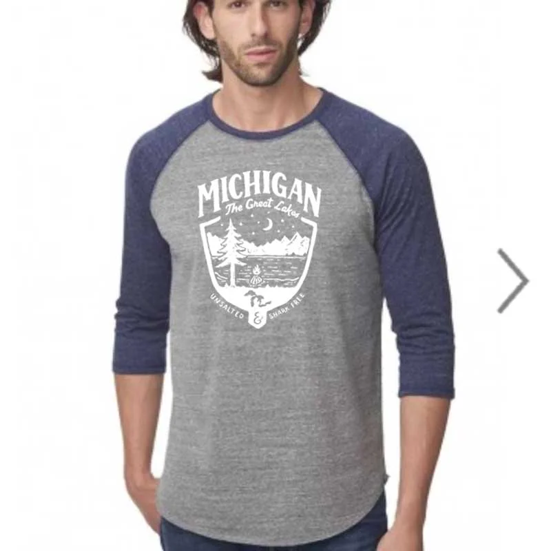 Men's tie - dye t - shirts with a bohemian styleMens Michigan Shield Triblend 3/4 Sleeve Baseball T-shirt Men's tie - dye t - shirts with a bohemian styleMens Michigan Shield Triblend 3/4 Sleeve Baseball T-shirt