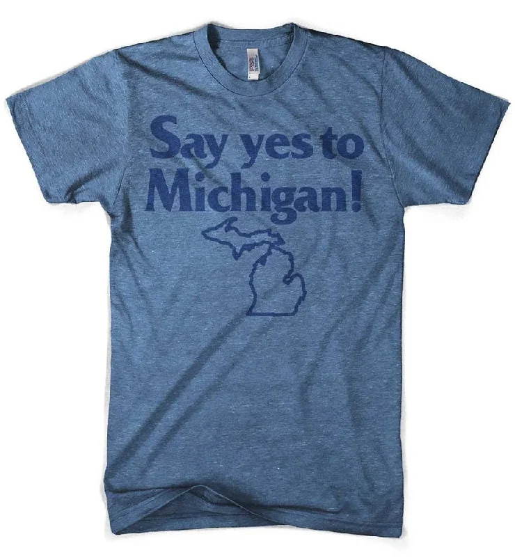 Men's mock - neck t - shirts with a modern and sleek styleMens “Say Yes to Michigan!” Triblend T-shirt (Heather Lake Blue) Men's mock - neck t - shirts with a modern and sleek styleMens “Say Yes to Michigan!” Triblend T-shirt (Heather Lake Blue)