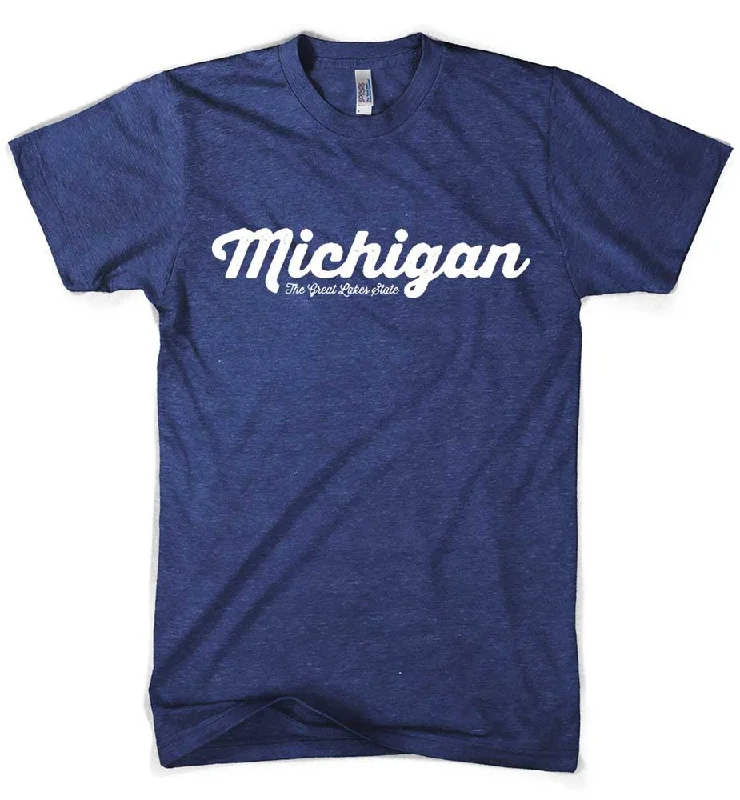 Men's lightweight performance t - shirts for running marathonsMens Triblend Michigan Script T-shirt (Indigo) Men's lightweight performance t - shirts for running marathonsMens Triblend Michigan Script T-shirt (Indigo)