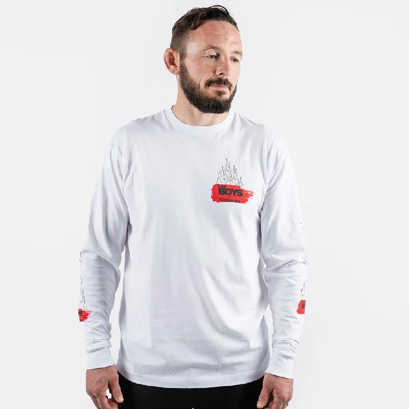 Men's button - front t - shirts with a unique artistic printTHE BOYS FLAMES LONG SLEEVE SHIRT Men's button - front t - shirts with a unique artistic printTHE BOYS FLAMES LONG SLEEVE SHIRT