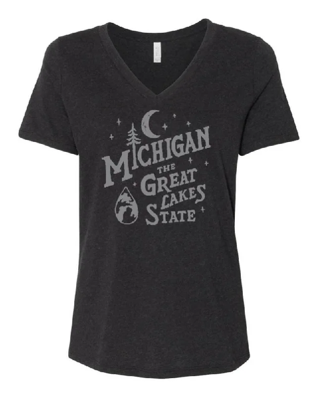 Men's eco - friendly recycled t - shirts for sustainable fashion choicesLadies Relaxed V-neck Michigan Vintage Font T-shirt - Heather Black Men's eco - friendly recycled t - shirts for sustainable fashion choicesLadies Relaxed V-neck Michigan Vintage Font T-shirt - Heather Black