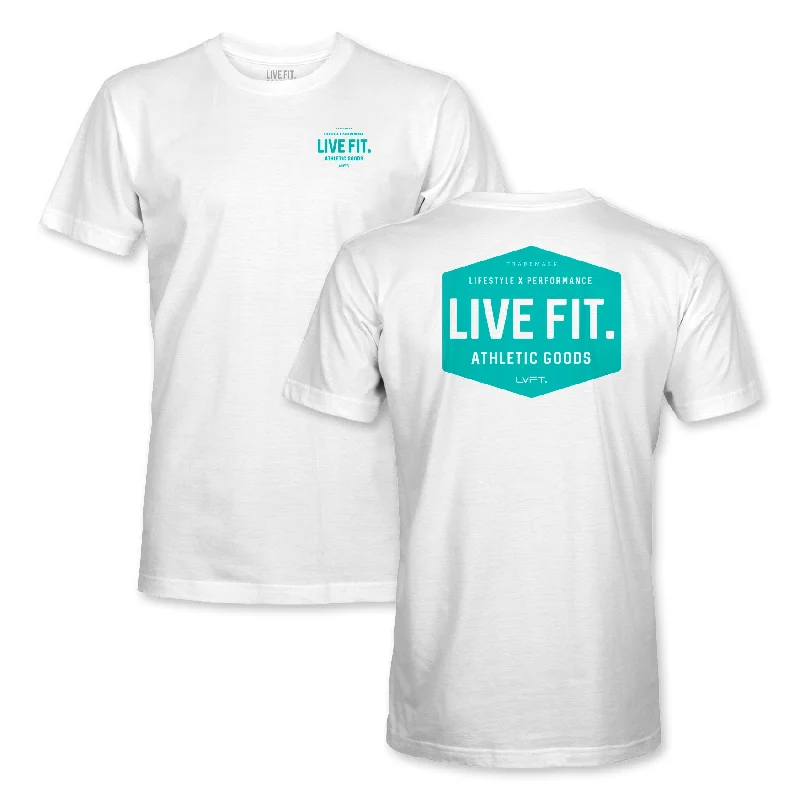 Men's slim - fit graphic t - shirts with vintage rock band printsWork Badge Tee - White/Teal Men's slim - fit graphic t - shirts with vintage rock band printsWork Badge Tee - White/Teal