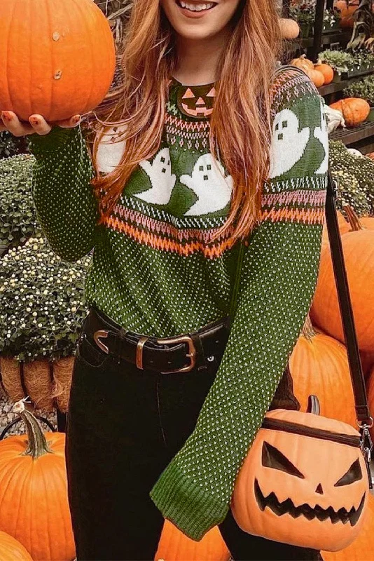 Men's long sleeve polo shirts with a contrast placket for added styleJungle Green Halloween Ghost Pattern Drop Shoulder Sweater Men's long sleeve polo shirts with a contrast placket for added styleJungle Green Halloween Ghost Pattern Drop Shoulder Sweater