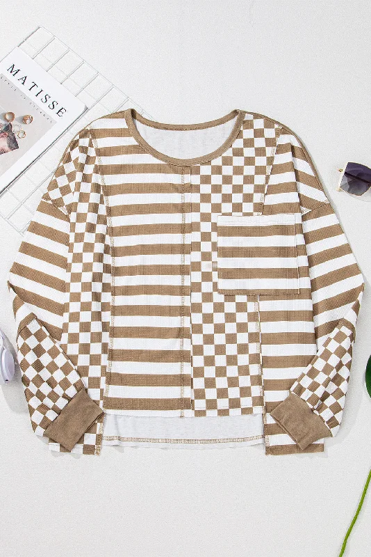 Men's waterproof long sleeve rain shirts for outdoor hiking in the rainKhaki Checkerboard Striped Patchwork Lantern Sleeve Pocketed Blouse