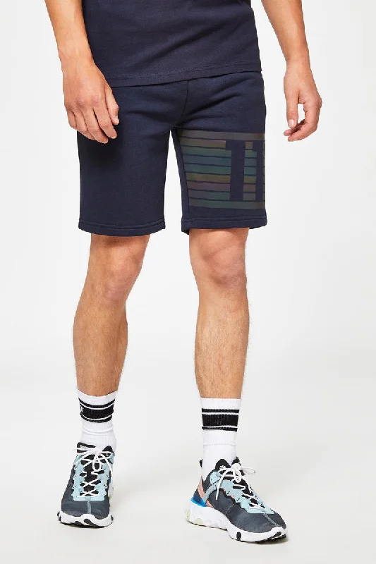 Men's ripped denim shorts for a trendy streetwear aesthetic   Leg Stripe Sweat Shorts - Navy / Iridescent
