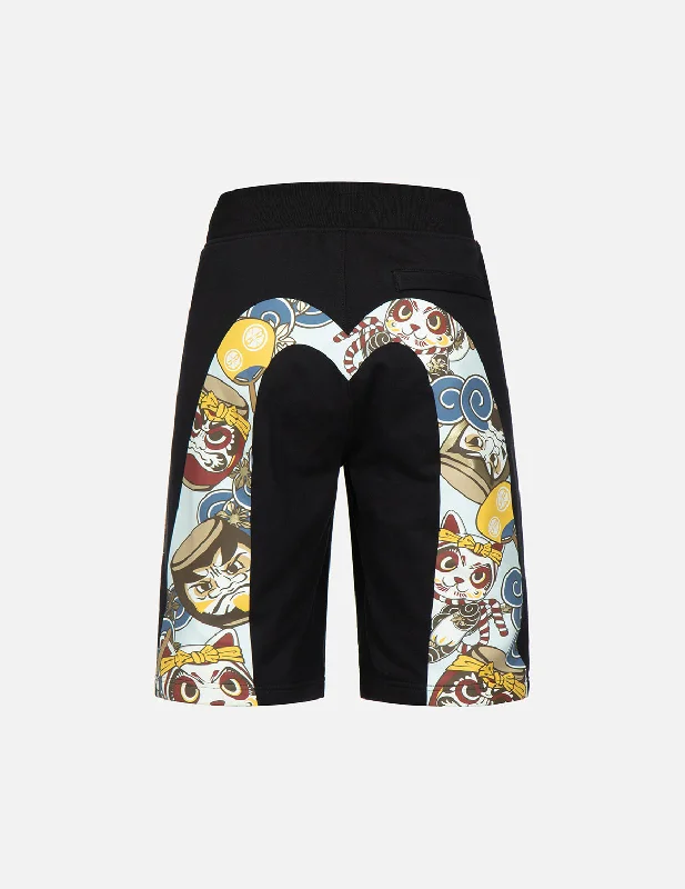 Men's floral print silk blend shorts for a unique night - out look   Fortune Cat and Taiko Daruma-pattern Daicock Print Sweat Shorts