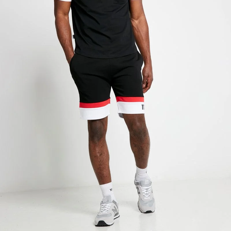 Men's side - stripe track shorts for a sporty running look   Neo Triple Panel Sweat Shorts - Black / White / Fiery Red