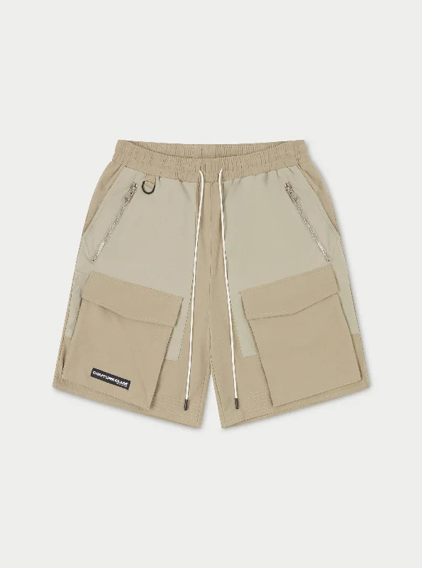 Men's button - fly denim work shorts for durability on the job PANELLED CARGO SHORTS - BEIGE Men's button - fly denim work shorts for durability on the job PANELLED CARGO SHORTS - BEIGE